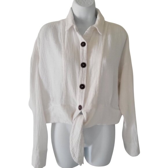 Free People 'Sun Streaks' Cropped Tie Front Top in White Gauze Relaxed Fit- S - Picture 4 of 9